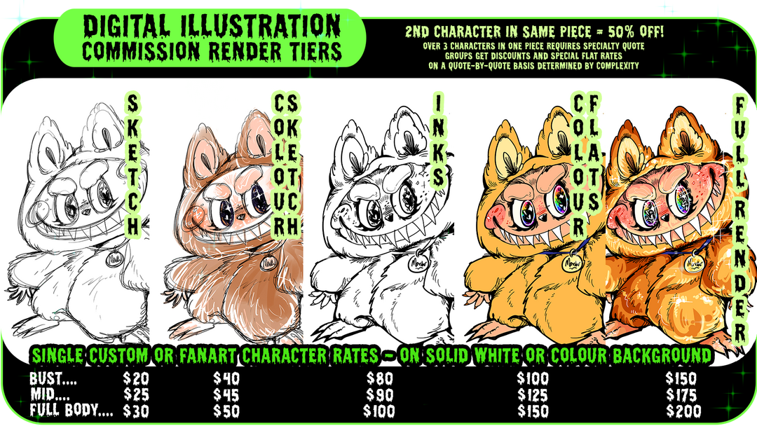 Custom Digital Illustration Commissions - Single character rates - +1 Extra Char 25% off ea. - ovaettr.gay/commissions - Sketch Bust: $30 Sketch Mid: $35 Sketch Full Body: $40 - Colour Sketch Bust $50 Colour Sketch Mid $55 Colour sketch full body $60 - Inks Bust $75, Inks Mid $100, Inks Full Body $125 - Flats Bust $100 Flats Mid $125 Flats Full Body $150 - Full Render (Cel Shading) Bust $150, Render Mid $175, Render Full Body $200 - Any subject OK! Furry, human, mech, etc. Character must already be fully designed. Need designing? +$100. Payment plans available, 50% up front. Styles: Toony, Realistic, Painterly