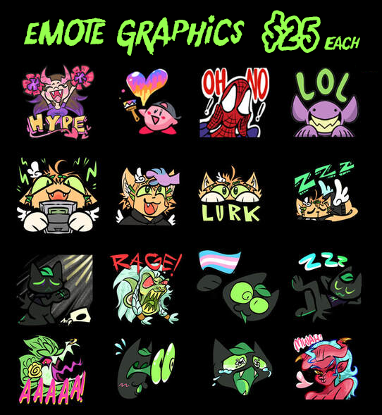 Emotes for your streams $30 each - features a collection of emotes from fan art of characters to little humanoids or demons or imps or cat fursonas or monster sonas all doing different emotions or things