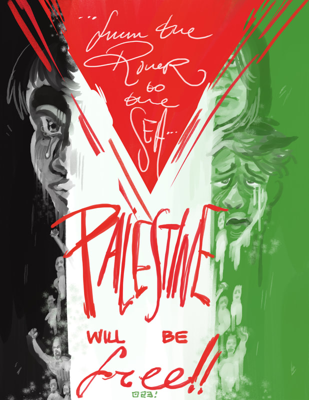 A Palestine flag vertically displayed with painted silhouettes and faces of Palestinians crying and feeling the effects of genocide, or standing up for their rights. 'From the river to the sea, Palestine will be free!!'