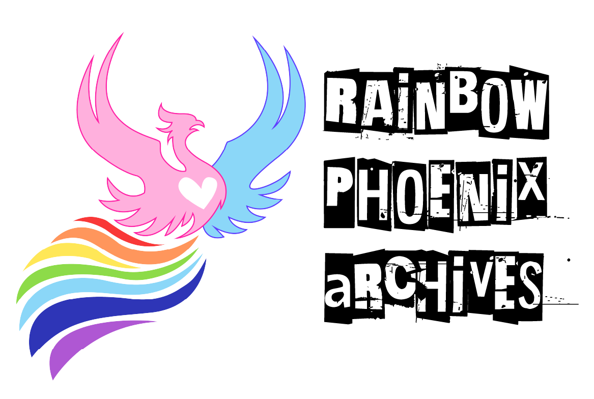 Rainbow Phoenix Archives logo, with a trans phoenix that has a rainbow tail of seven feathers