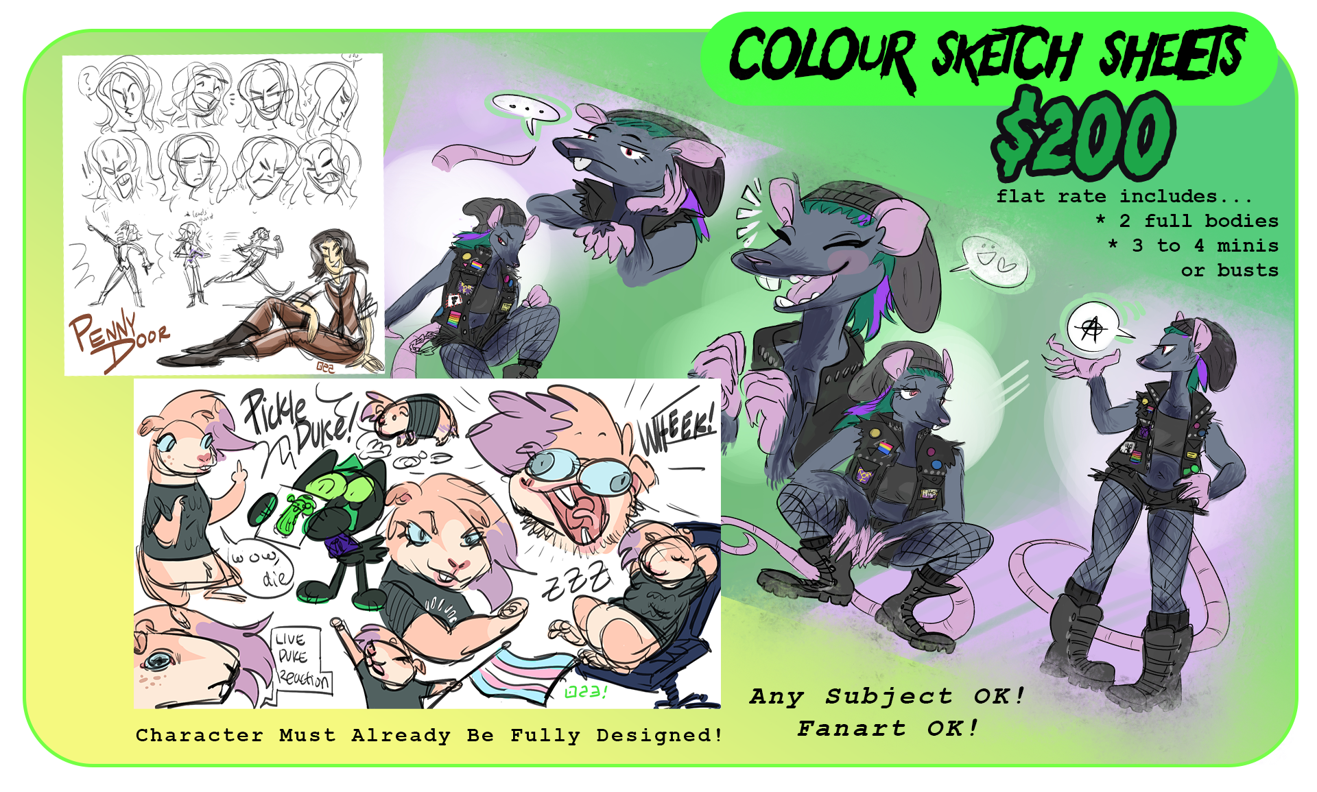 Sketch Sheets $200 flat rate includes 1 to 2 full body and 3 to 4 busts or mini doodles. Three examples are shown, a human girl with various expressions sketched out in just headshots, 3 little full body pose doodles, and one nicer full body sketch with a slap of colour. The second is a rat woman in 5 various poses. The last is a tan guinea pig girl in various poses and some meme drawings too. 