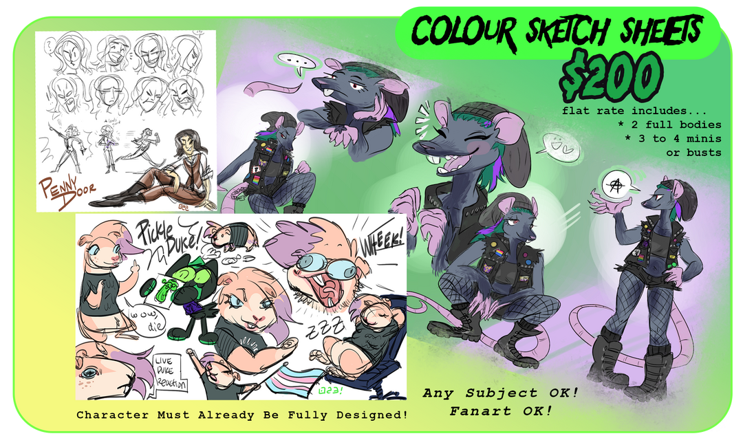 Sketch Sheets $200 flat rate includes 1 to 2 full body and 3 to 4 busts or mini doodles. Three examples are shown, a human girl with various expressions sketched out in just headshots, 3 little full body pose doodles, and one nicer full body sketch with a slap of colour. The second is a rat woman in 5 various poses. The last is a tan guinea pig girl in various poses and some meme drawings too. 