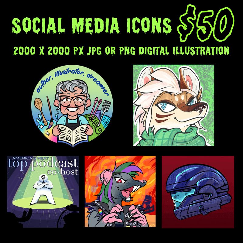 Icons for Social Media fully inked + flat colours $50. The art includes a drawing of an older woman who is an author, illustrator, dreamer. A coyote character in a scarf. America's Next Top Podcast Co-host. A rat woman burning a cop car. A halo master chief helmet in navy on a red background.