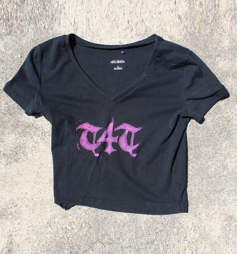 T4T Lino Print Upcycled Black + Pink Crop Top T-Shirt (SMALL) (One-of-a-kind)