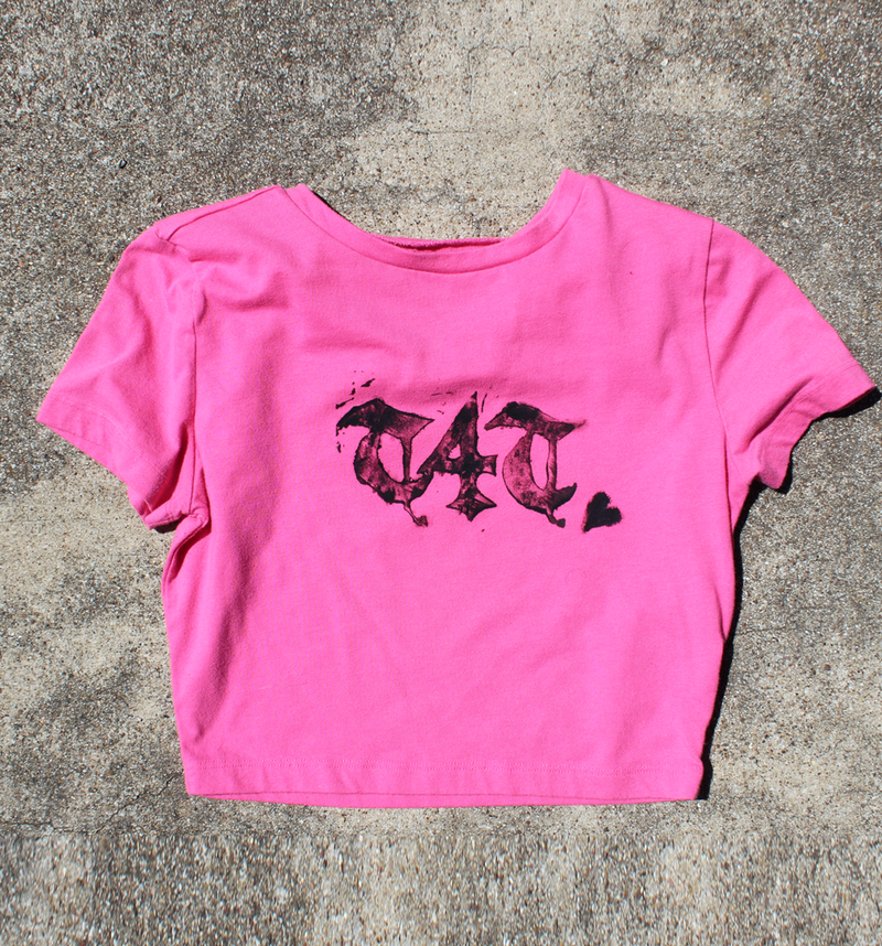 T4T Lino Print Upcycled Pink + Black Ink Crop Top T-Shirt (SMALL) (One-of-a-kind)
