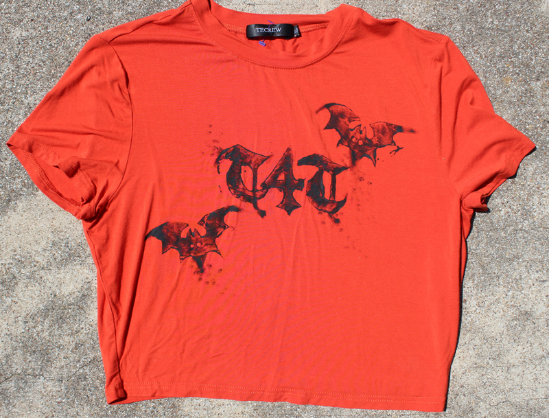 T4T Lino Print Upcycled Orange + Bats Crop Top T-Shirt (XL) (One-of-a-kind)