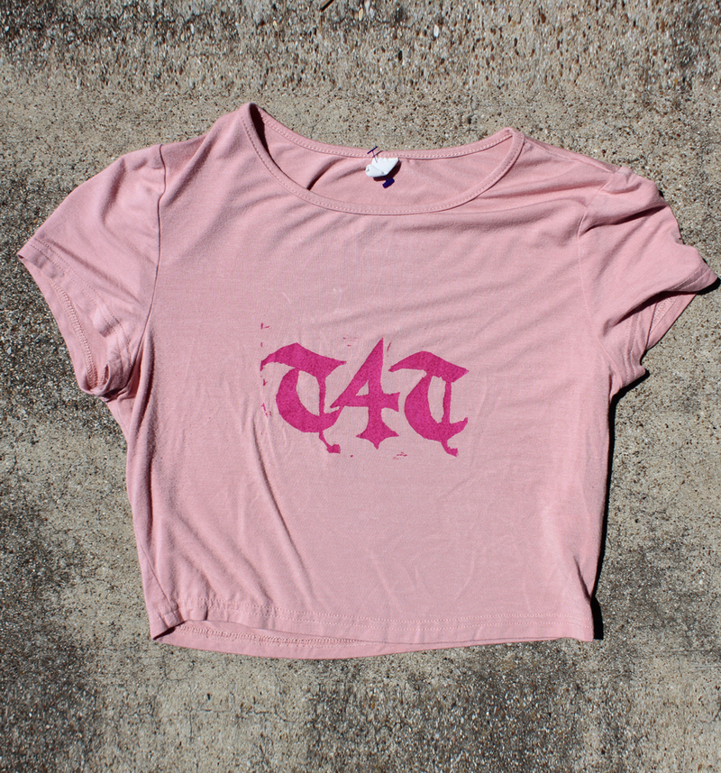T4T Lino Print Upcycled Light Pink Crop Top T-Shirt (SMALL) (One-of-a-kind)
